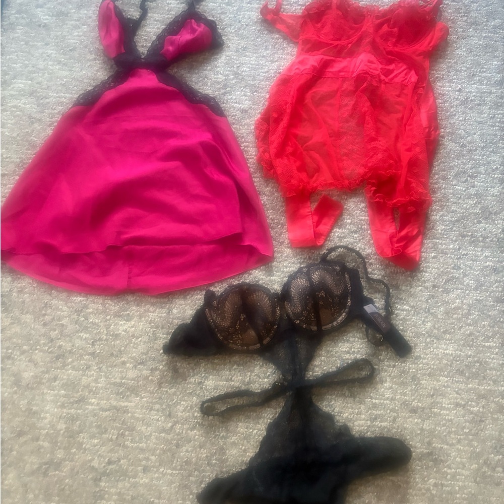 Mixed Lace & Sheer Lingerie Set in Hot Pink, Coral & Black